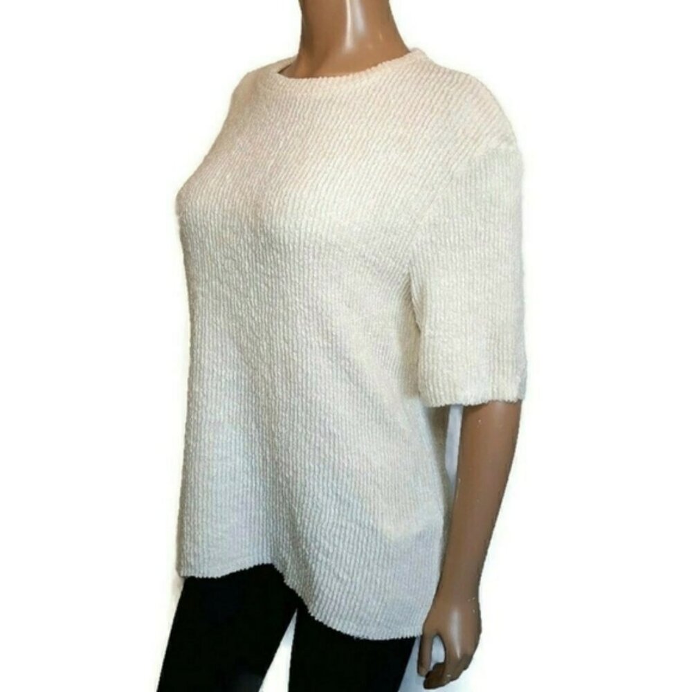 NEW Zara Oversized Ribbed Knit Short Sleeve Sweater Raw Hem Slouched Ivory